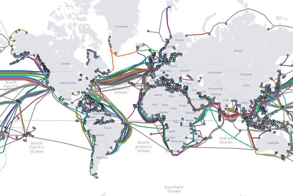 A map of the world showing main submarine cables. Source: TeleGeography.